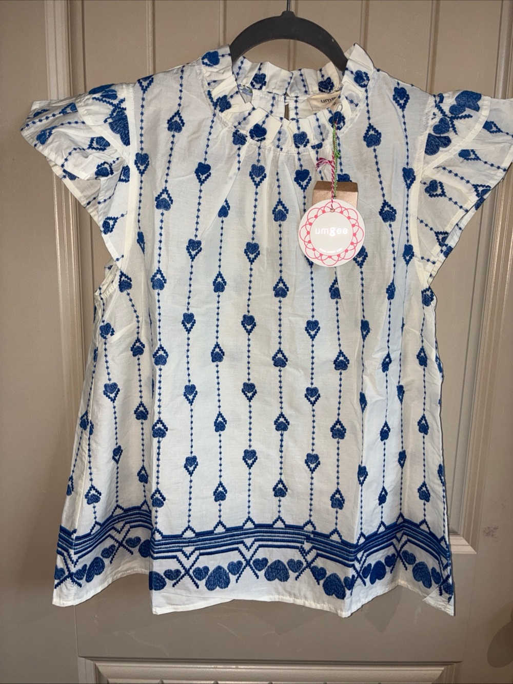 Umgee White Blouse with Blue Heart Embroidery